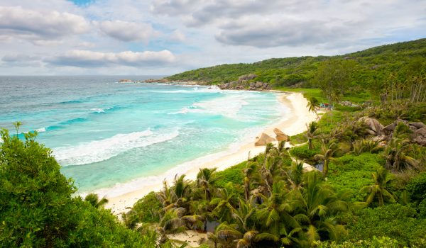 Big waves at Grande Anse, La Digue Island, Seyshelles