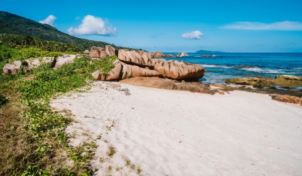 La Digue Island, Seychelles. Beautiful tropical landscape of remote secluded beach.