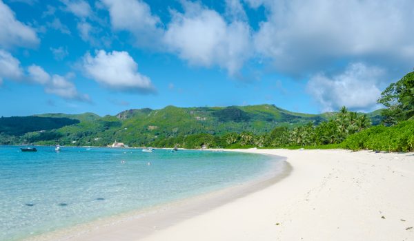 Mahe Seychelles, a tropical beach with palm trees, and a blue ocean at Mahe Seychelles. Anse Royale beach Seychelles Mahe