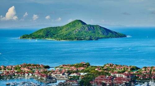 Overlook of Eden Island and Saint-Anne Marine National Park in Victoria, Seychelles, Mahe island.