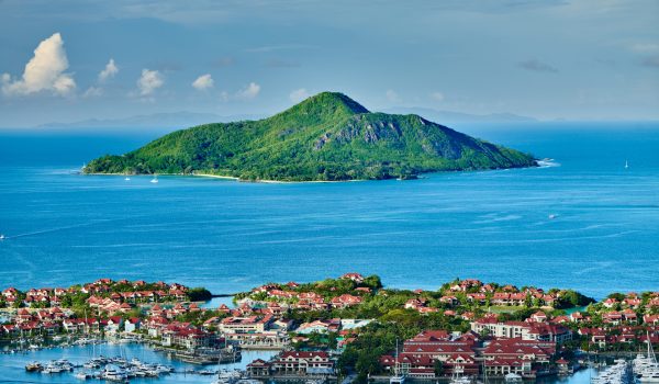 Overlook of Eden Island and Saint-Anne Marine National Park in Victoria, Seychelles, Mahe island.